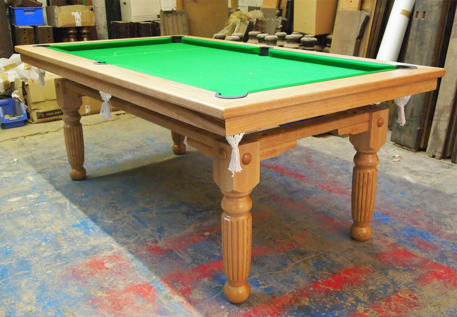 A snooker table frame with its slate bed in the Accrington workshop