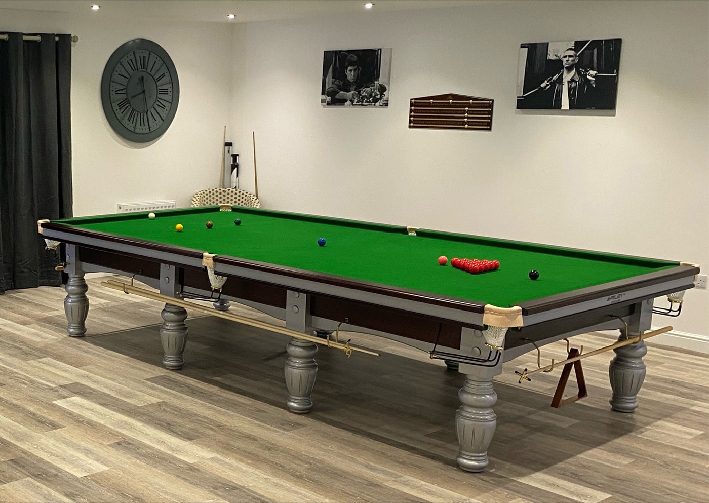 12ft Riley Aristocrat snooker table with silver painted legs and green cloth